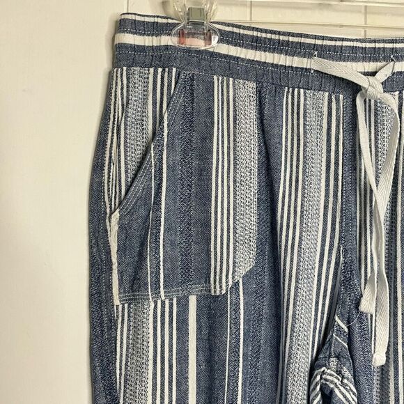 C est 1946 Womens Size Medium Linen Blend Pants Blue White Stripe Tie Waist - Picture 2 of 10